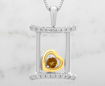 Citrine and Created Sapphire Gemini Zodiac Pendant in Sterling Silver