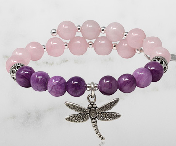 Wind & Fire Rose Quartz 7-inch Wrap Bracelet with Dragonfly Charm