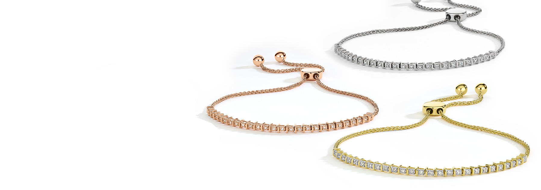Yellow, rose, and white gold adjustable diamond bracelets.