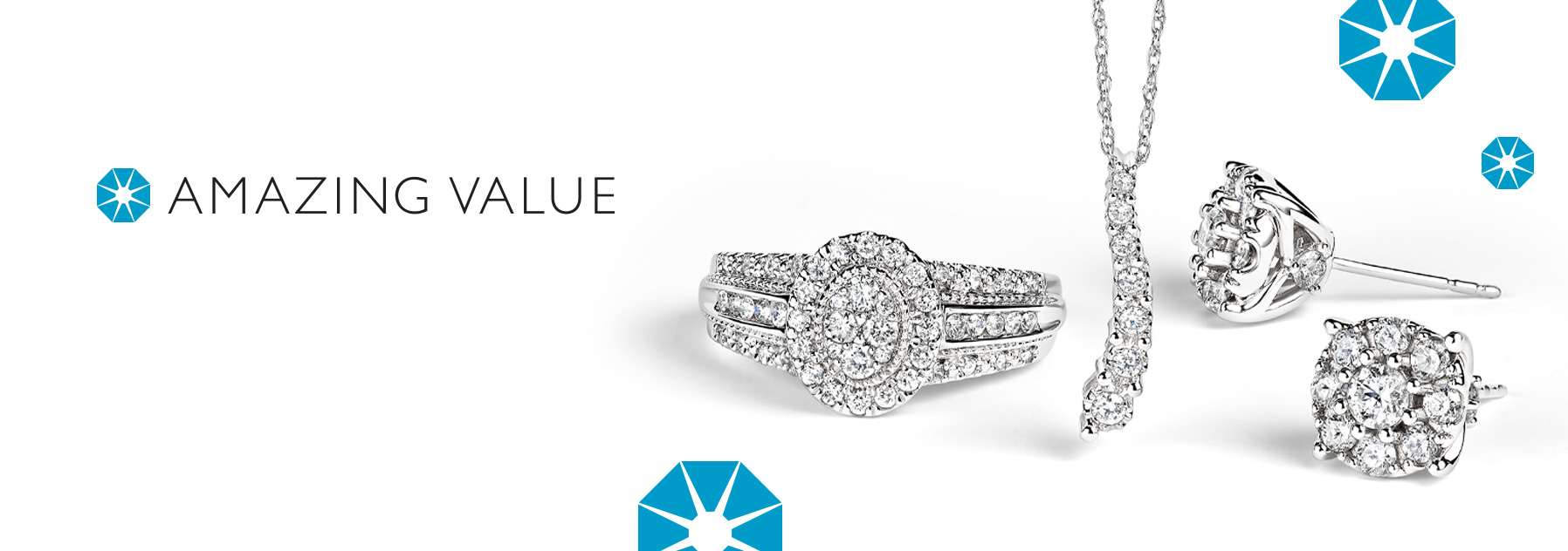 Amazing Value logo and diamond ring, pendant and earrings.