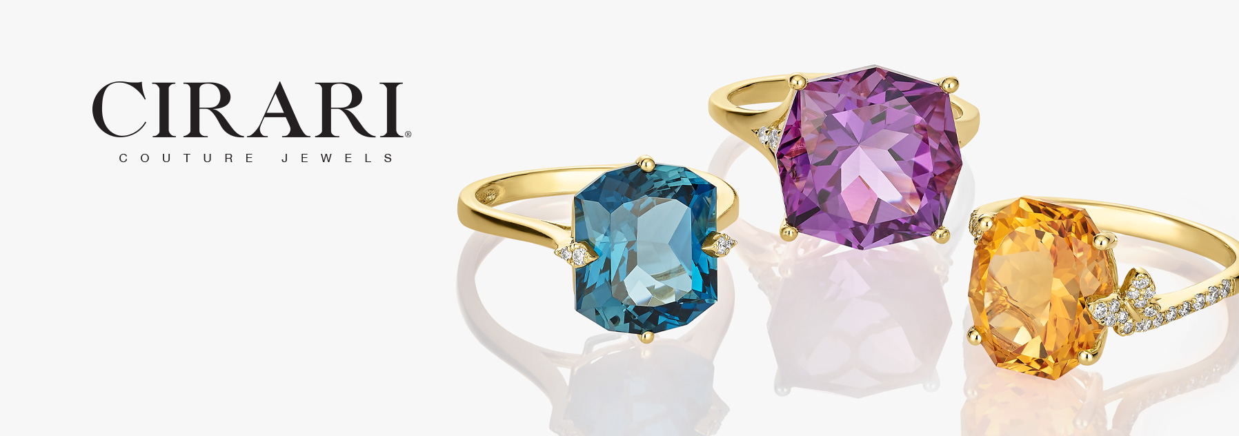 Cirari® Couture Jewelers logo and three gemstone rings.