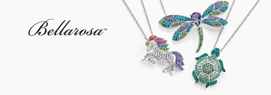 Bellarosa™ logo and crystal unicorn, dragonfly and turtle pendants.